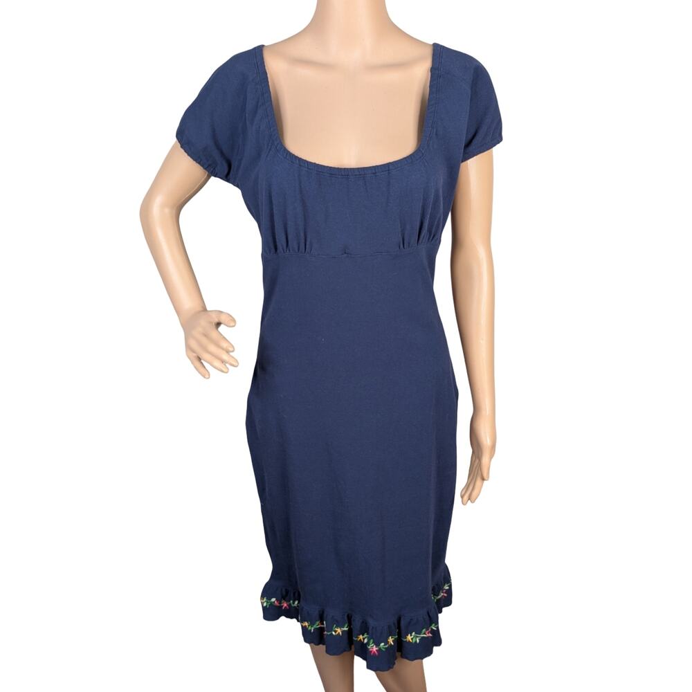 Vtg Y2K Tommy Hilfiger Navy Blue Floral Embroidered Milkmaid Cottage Dress SZ M